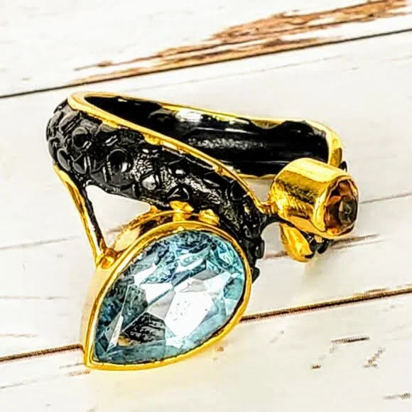 Sea Legend Natural Blue Topaz Ring Sterling Silver & 14kt Gold Ring